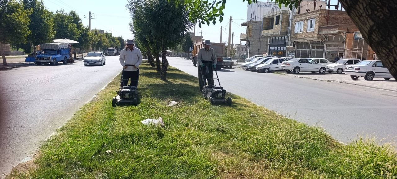 چمن‌زنی و ساماندهی فضای سبز بلوار استاد هژار توسط شهرداری اشنویه